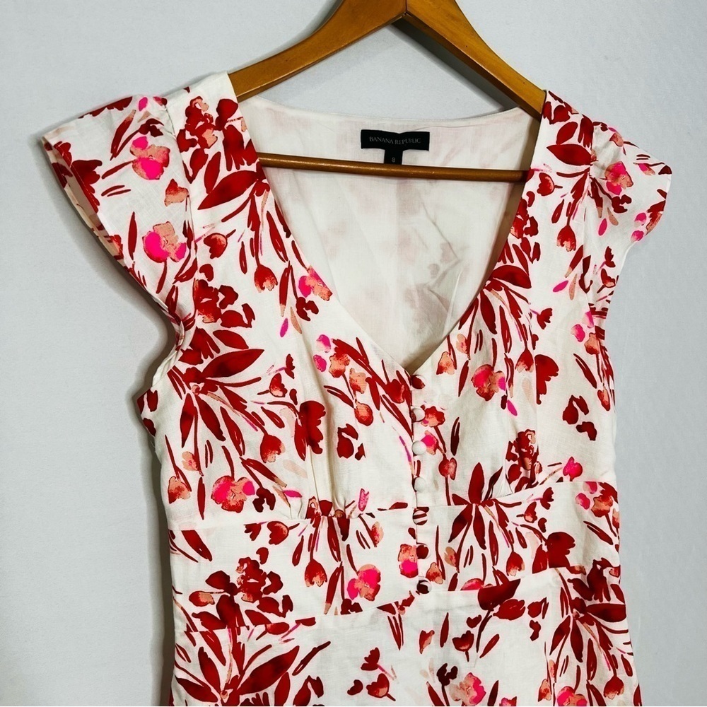 Banana Republic Linen & Cotton Blend Red, Pink & White Floral Mini Dress. Size 8 - Picture 6 of 16